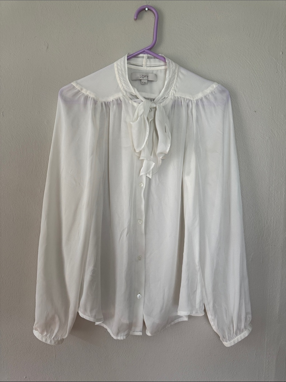 Ann Taylor LOFT White Ruffle Tie-Neck Blouse medium